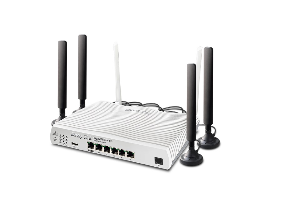  Multi-WAN router with a 5G modem & 2 x SIM card slots, 1 x VDSL2 35b/ADSL2+ modem, 1 x configurable GbE WAN/LAN port, 5 x GbE LAN ports, SPI Firewall, 802.11ax (AX3000, WiFi 6), and support VigorACS 3; 32 x VPN tunnels including 16 x OpenVPN/SSL-VPN tunnels  