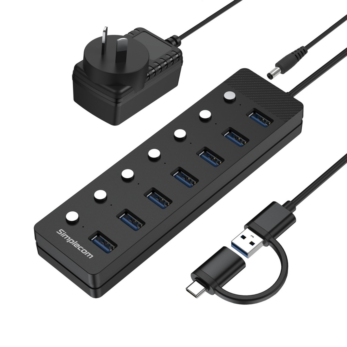  USB-A and USB Type-C to 7-Port USB 3.0 Hub 5Gbps Individual Switches and Power Adapter  