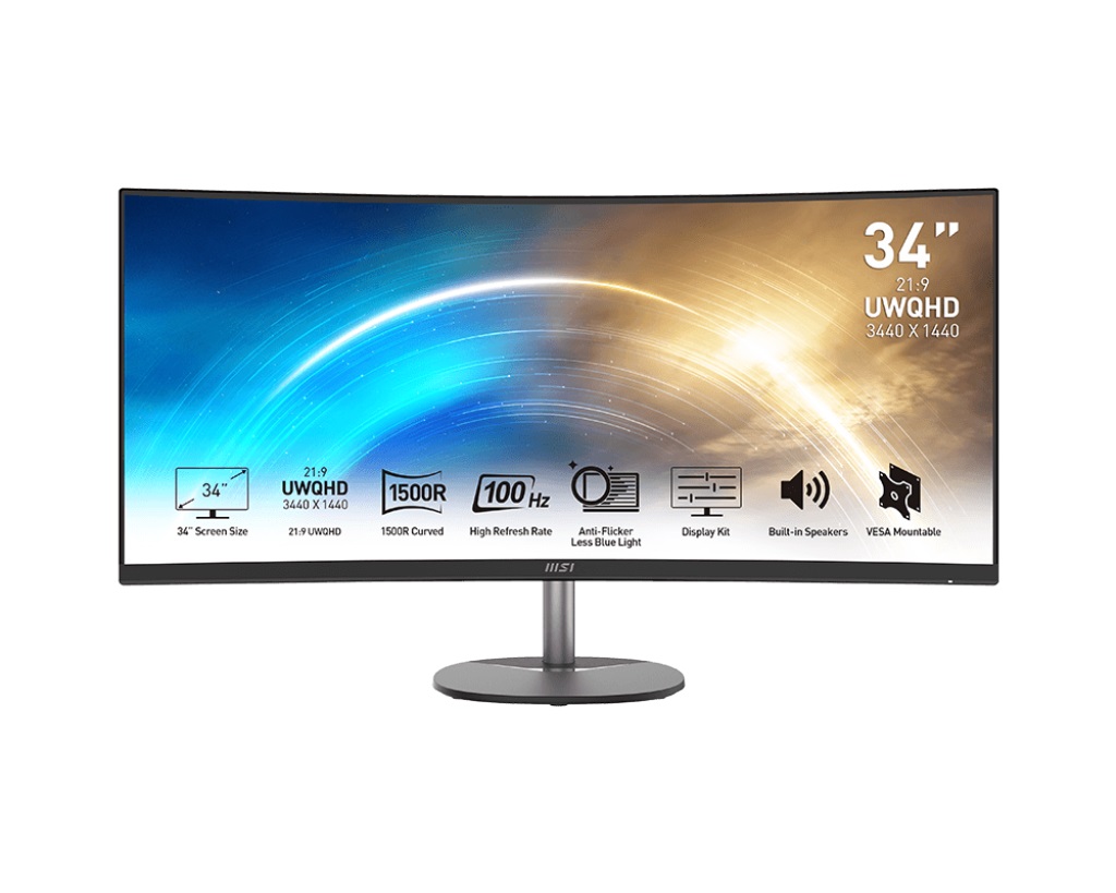  34" Curved UWQHD 4K Monitor: 4ms 3440 x 1440 @100Hz, 2x HDMI/1x DP, 2x 2W Speakers, VESA 100x100  