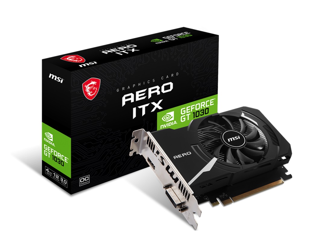  nVIDIA GeForce GT1030 AERO ITX 4GB OC<br>Clock: 1430 MHz, 1x HDMI/ 1x DVI, PCI-E 3.0, Recommended: 300W  