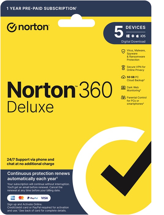  Norton 360 Deluxe 50GB AU 1 User, 5 Devices, 12 Months, Digital Key via Email  