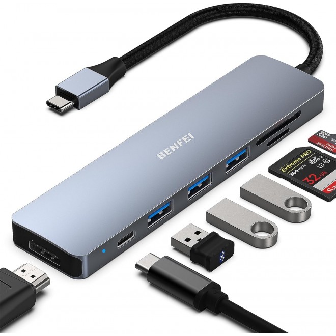  USB type-C HUB 7in1 - 1x HDMI, 3x USB 3.0, 1x micro SD card slot, 1x SD card slot, 1x 60W PD  