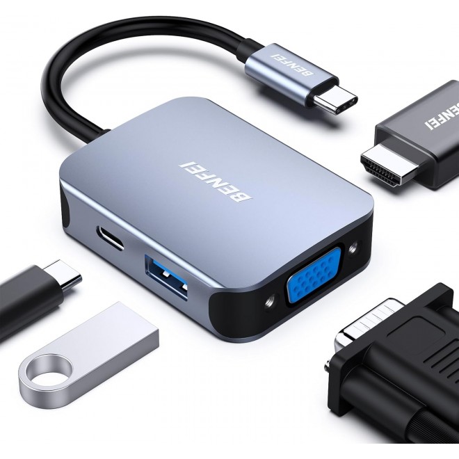  USB C HUB 4in1, USB Type-C to HDMI VGA Adapter, USB C to USB Adapter, USB Type-C Power Delivery  