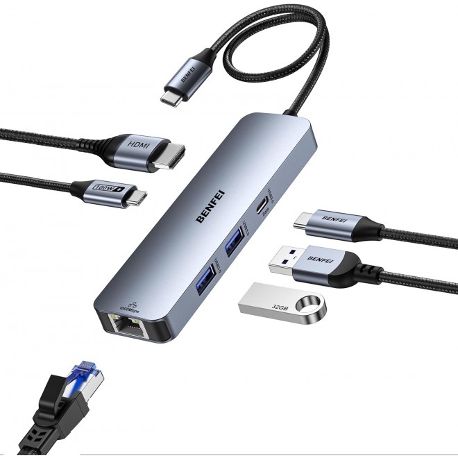  6-in-1 USB Type-C Hub - 1x HDMI, 3x USB 3.0 ports, 1x micro SD card slot, 1x SD card slot, 1x 60W PD  