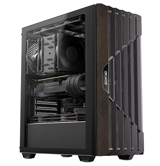  Mid-Tower Case: OKINOS C5 Air Oak Wood<br>4x 120mm Fans, 2x USB 3.0 + 1x USB Type-C (10GBps), 1x Microphone Jack, 1x Headphones Jack, Tempered Glass Side Panel, Supports: ATX/m-ATX/mini-ITX  