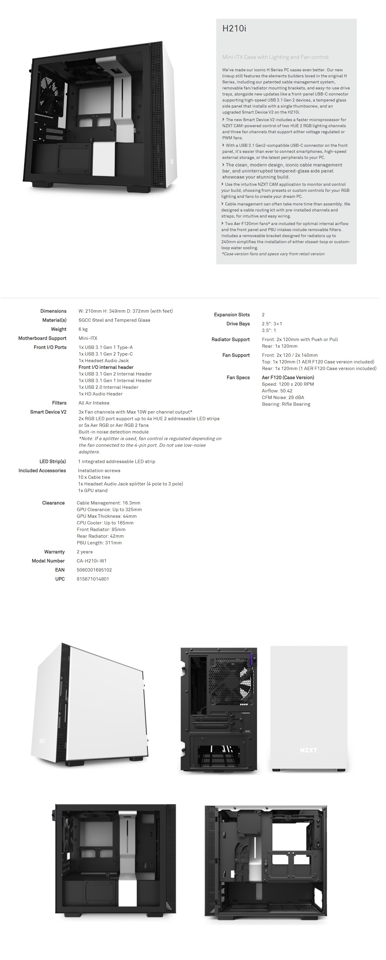  <b>Mini-ITX Tower</b>: Matte White/Black H210i mini Tower Chassis (Smart Device)  