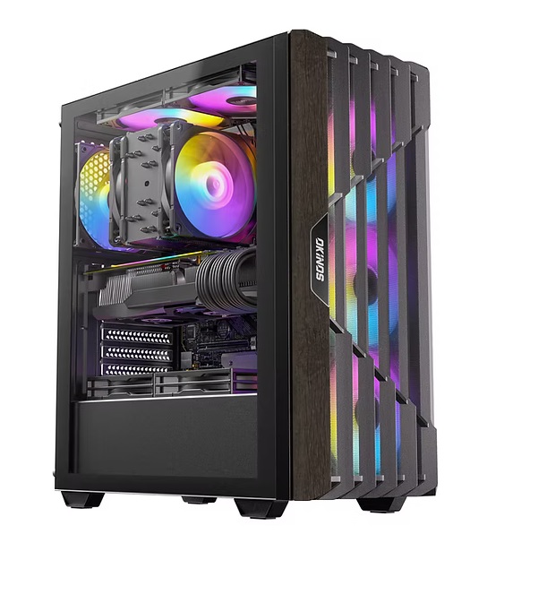  Mid-Tower Case: OKINOS Cypress 5 ARGB Oak Wood<br>4x 120mm ARGB Fans, 2x USB 3.0 + 1x USB Type-C (10GBps), 1x Microphone Jack, 1x Headphones Jack, Tempered Glass Side Panel, Supports: ATX/m-ATX/mini-ITX  