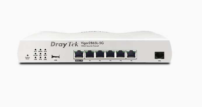  Multi-WAN router with a 5G modem & 2 x SIM card slots, 1 x VDSL2 35b/ADSL2+ modem, 1 x configurable GbE WAN/LAN port, 5 x GbE LAN ports, SPI Firewall, and support VigorACS 3; 32 x VPN tunnels including 16 x OpenVPN/SSL-VPN tunnels  