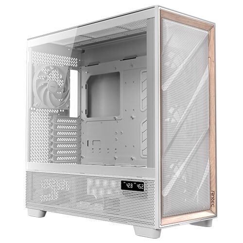  <b>Full-Tower Case:</b> Antec Flux PRO - White<br>4x 140mm PWM Fans + 2x 120mm PWM Fans, 2x USB 3.0 + 1x USB Type-C 10Gbps, Temperature Display, Wood Front Panel, Tempered Glass Side Panel, Supports: E-ATX/ATX/m-ATX/mini-ITX  