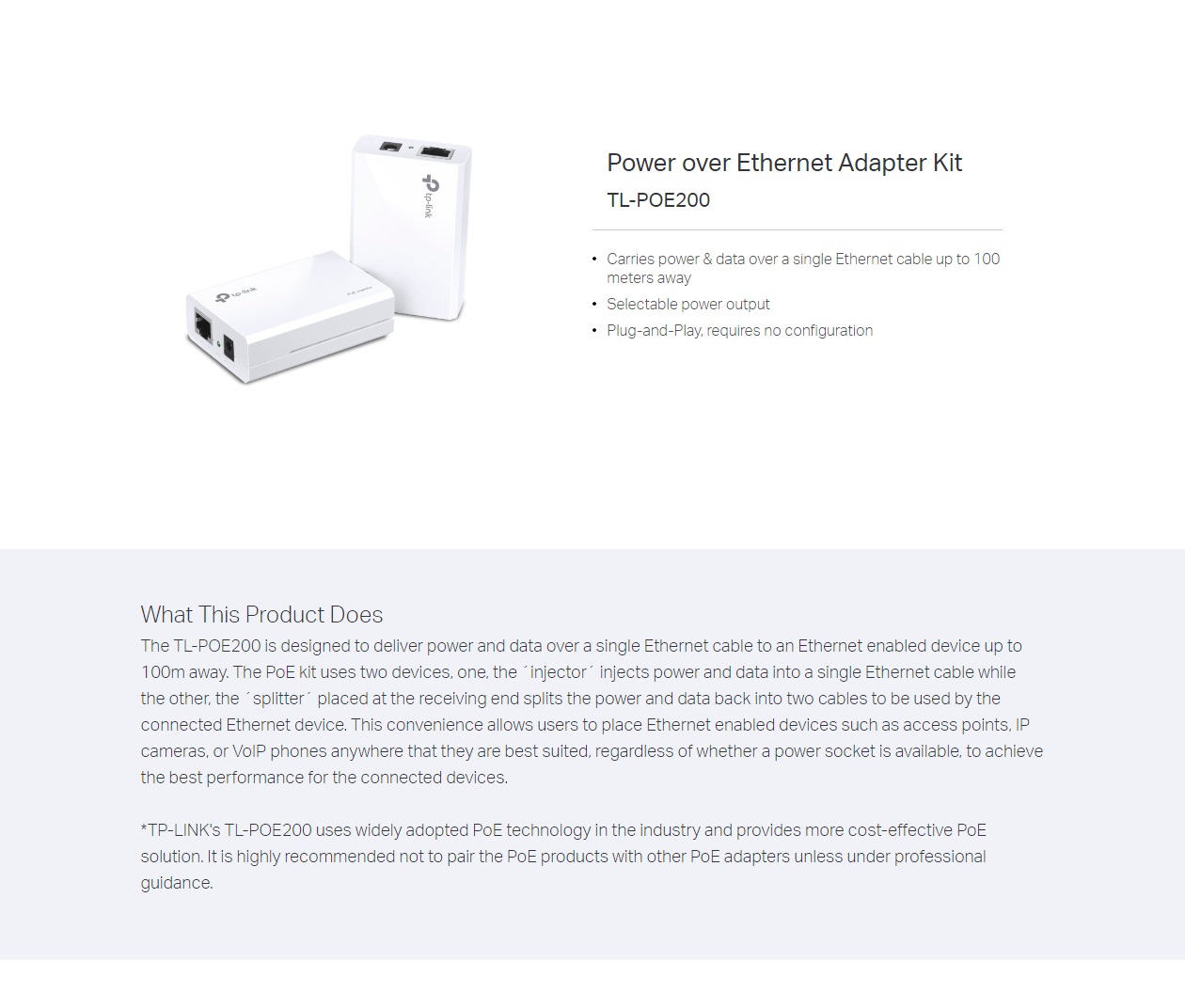  Power over Ethernet Adapter Kit - 1 Injector & 1 Splitter, 100 meters extension 12V/9V/5V DC  