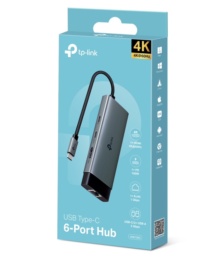  6 PORT HUB, USB-C(1), USB-A(2), RJ45(1), HDMI 4K(1), 1YR  